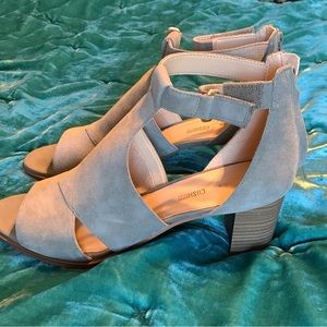 Clarks dressy neutral stack heel open toe suede sandal